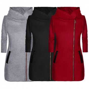 Winter Jacket Women High Collar Hooded Colorblock Zipper Long Sleeve Coat